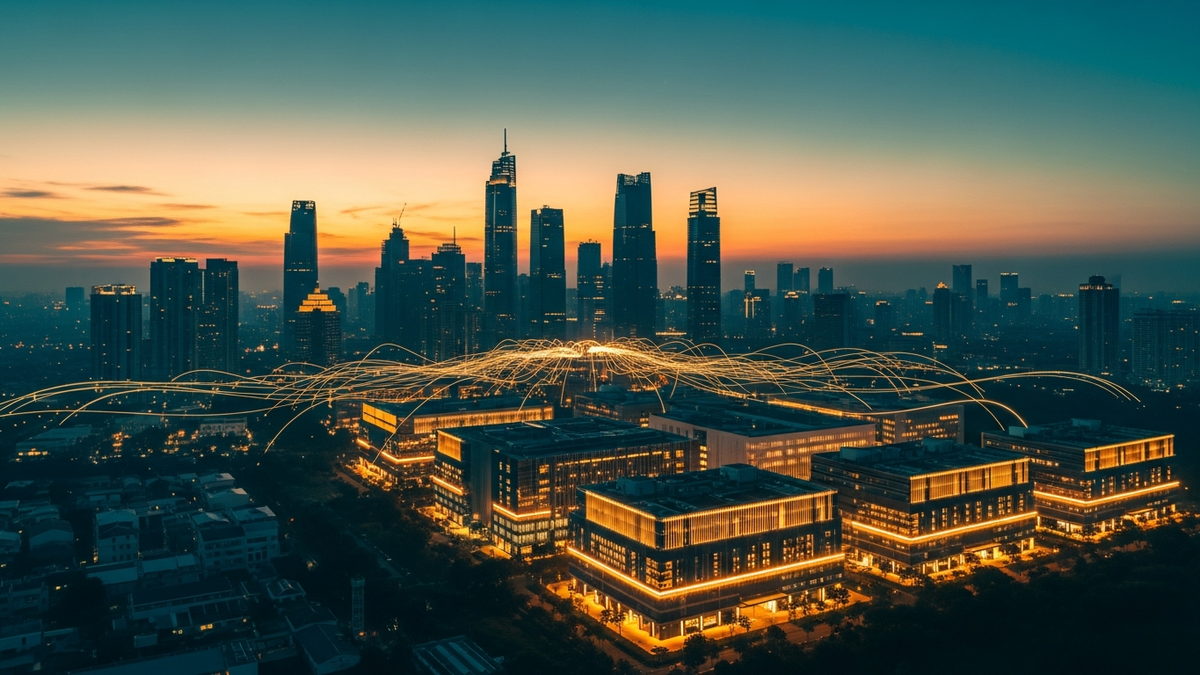 Jakarta skyline at dawn with hillside data centre glow