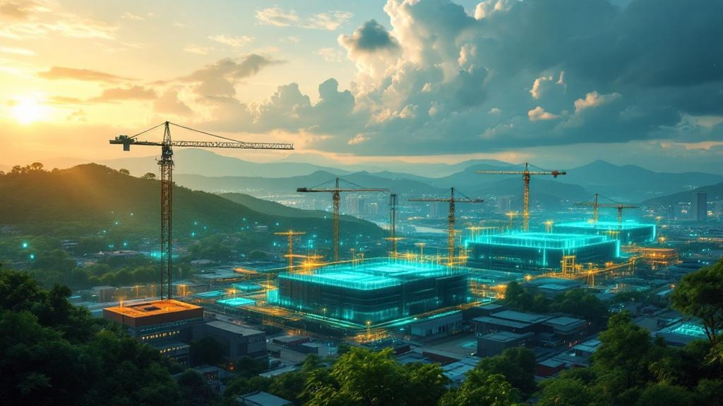 Coastal data-centre construction site near Da Nang under golden-hour light