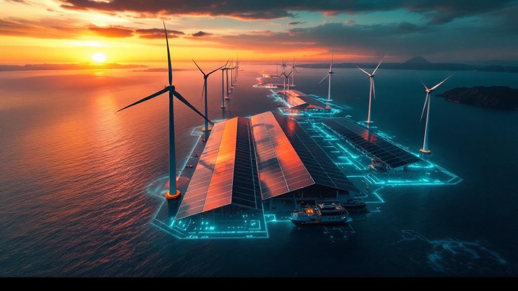 Offshore wind farm with solar arrays in foreground on the central Vietnamese coast