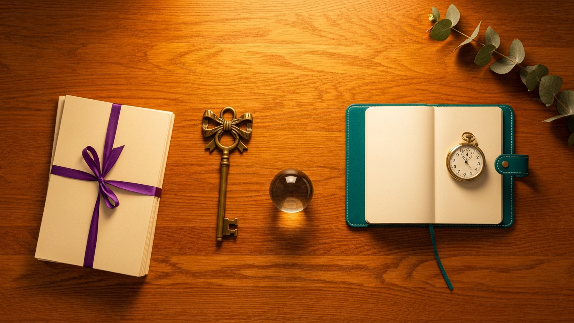 Editorial still life of a vintage brass door key resting on a wooden desk beside an open leather notebook, a small clock, and a stack of paper files, lit by warm morning light, symbolising automated desktop access and a trusted assistant.