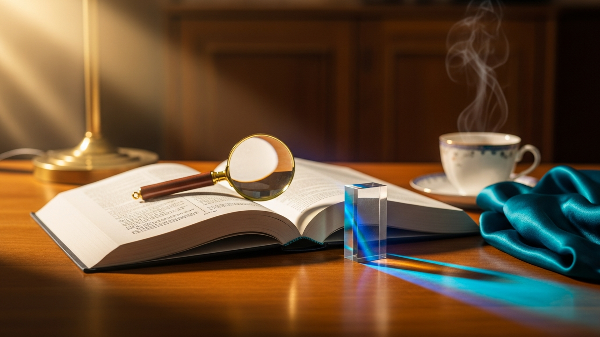Editorial still life: an open hardcover book on a warm wooden desk lit by golden hour sun, with a glass prism splitting light into a teal-and-blue rainbow beside a porcelain teacup, evoking long-context reading and clarity.