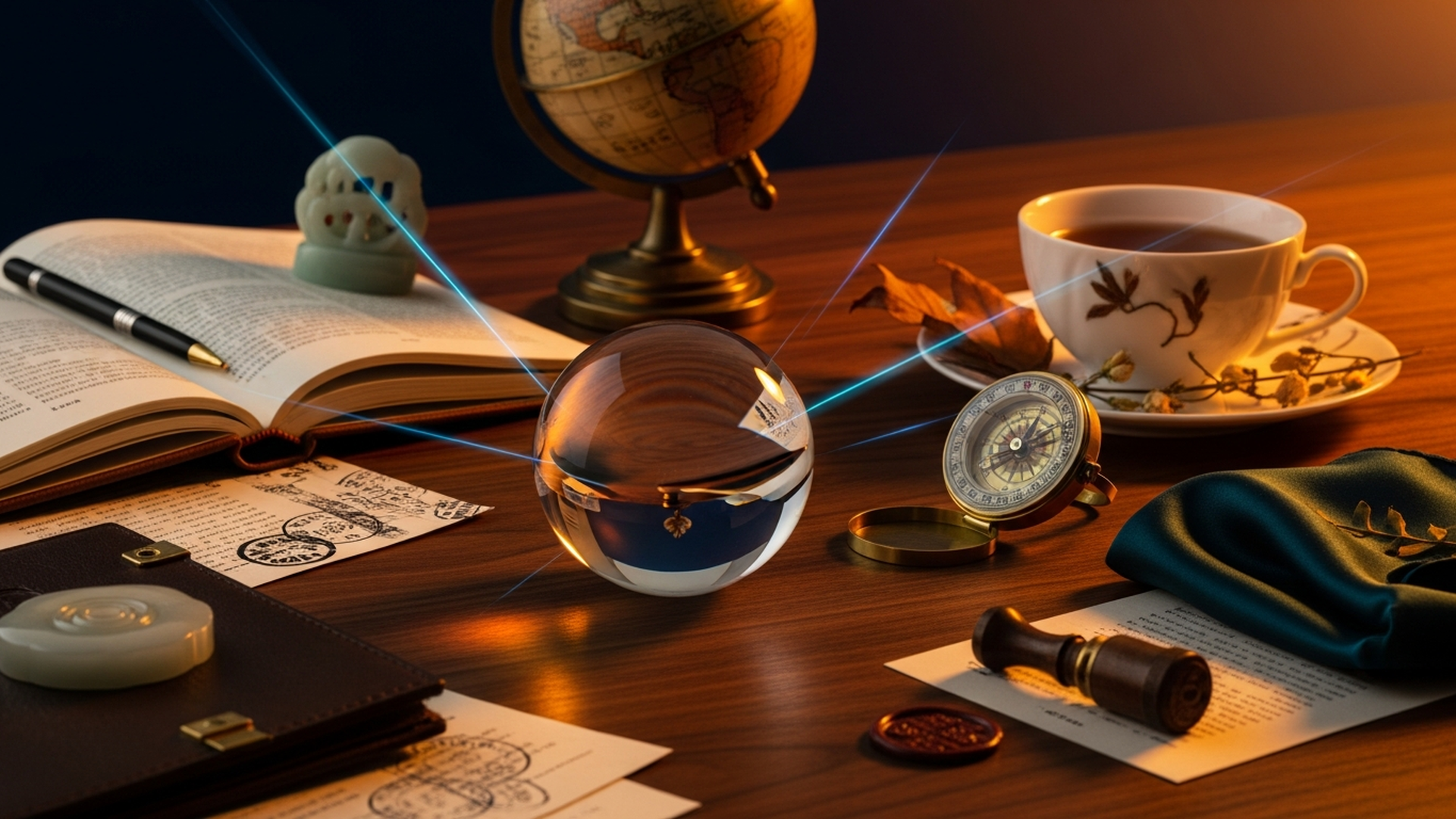 Editorial still life of a polished glass orb refracting warm amber and teal light over open journals, scattered passport stamps, and a small brass compass on a deep walnut desk.