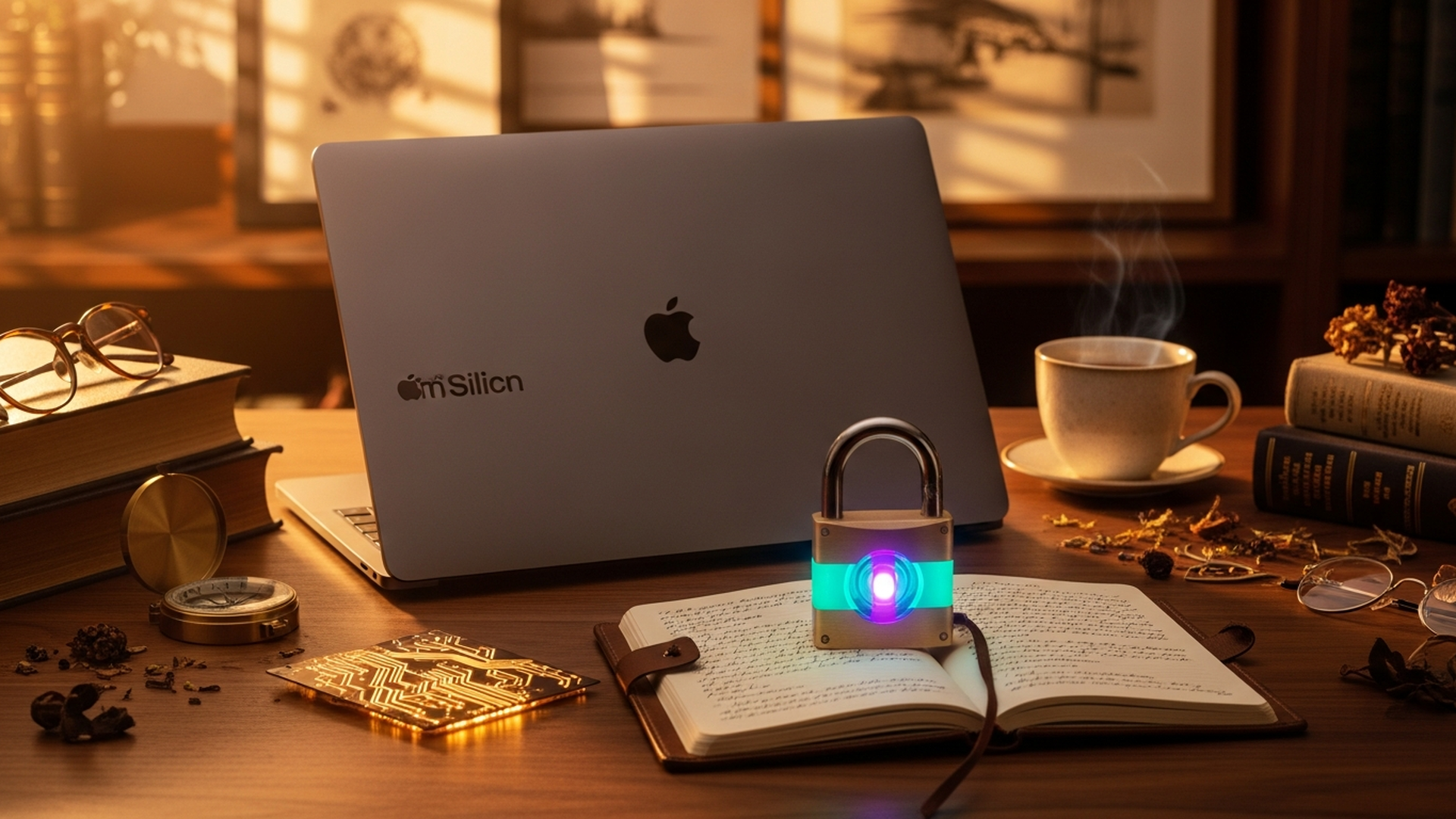 Editorial still-life of a warmly-lit desk with a laptop, a small glowing circuit board, and a stack of papers in a library, evoking private on-device AI work.