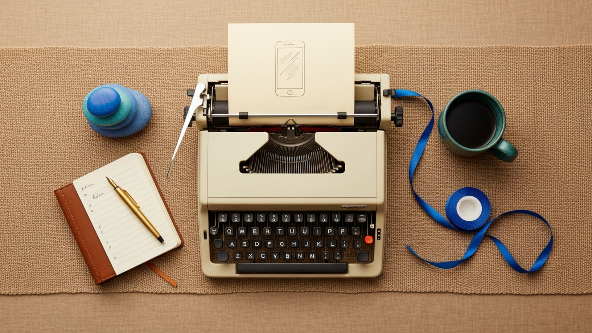 Editorial still-life of a vintage typewriter rolling a hand-drawn app wireframe sketch, with a brass pen, notebook, and steaming coffee cup, accented in vibrant blue and teal.