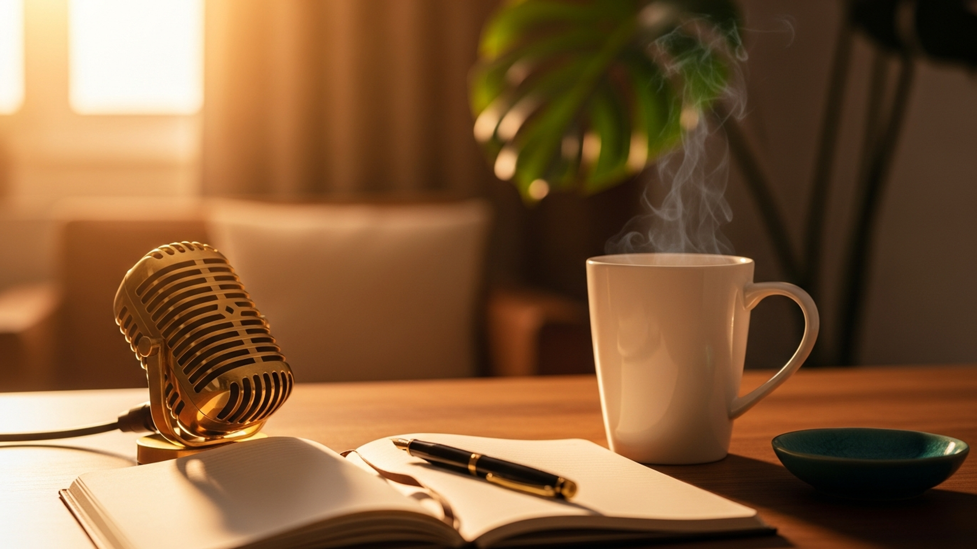 Vintage brass microphone on a wooden desk beside an open notebook and a ceramic mug of tea, warm golden morning light, symbolising the shift from typing to voice dictation